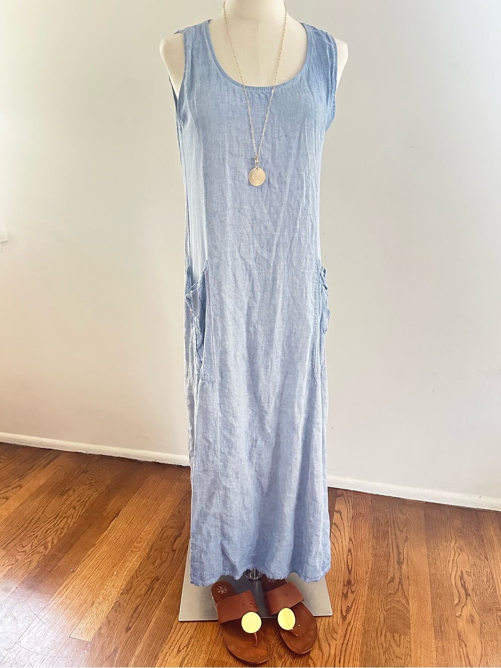 VASNA Desire Made in Italy Light Blue Linen Maxi Dress Pockets M